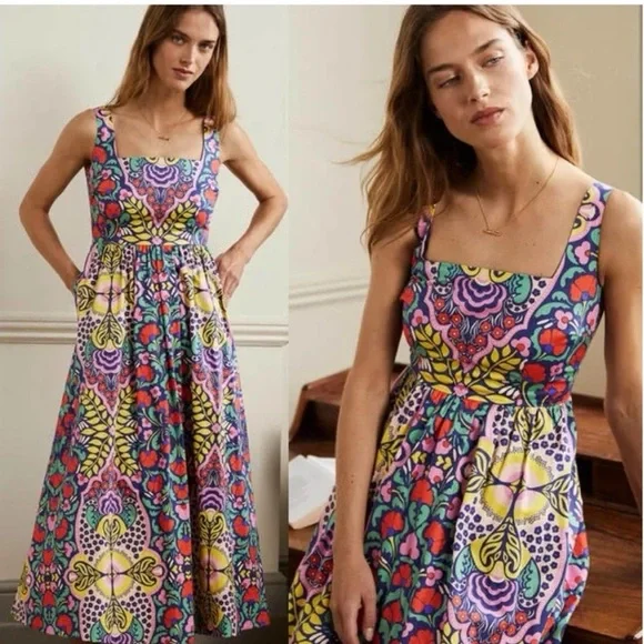 Boden Square Neck Cotton Midi Dress in Vibrant Folk Floral Print - Picture 1 of 15